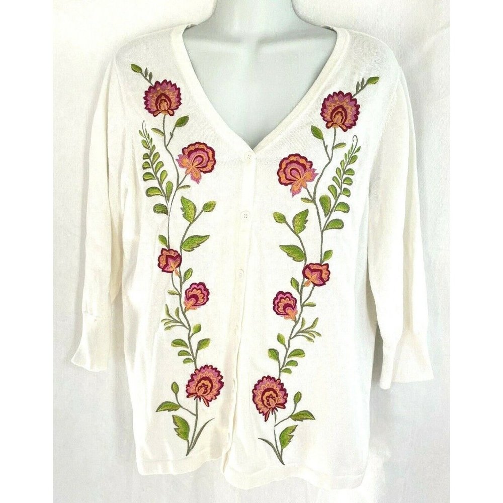 Bob Mackie White Floral Embroidered Boho Cardigan